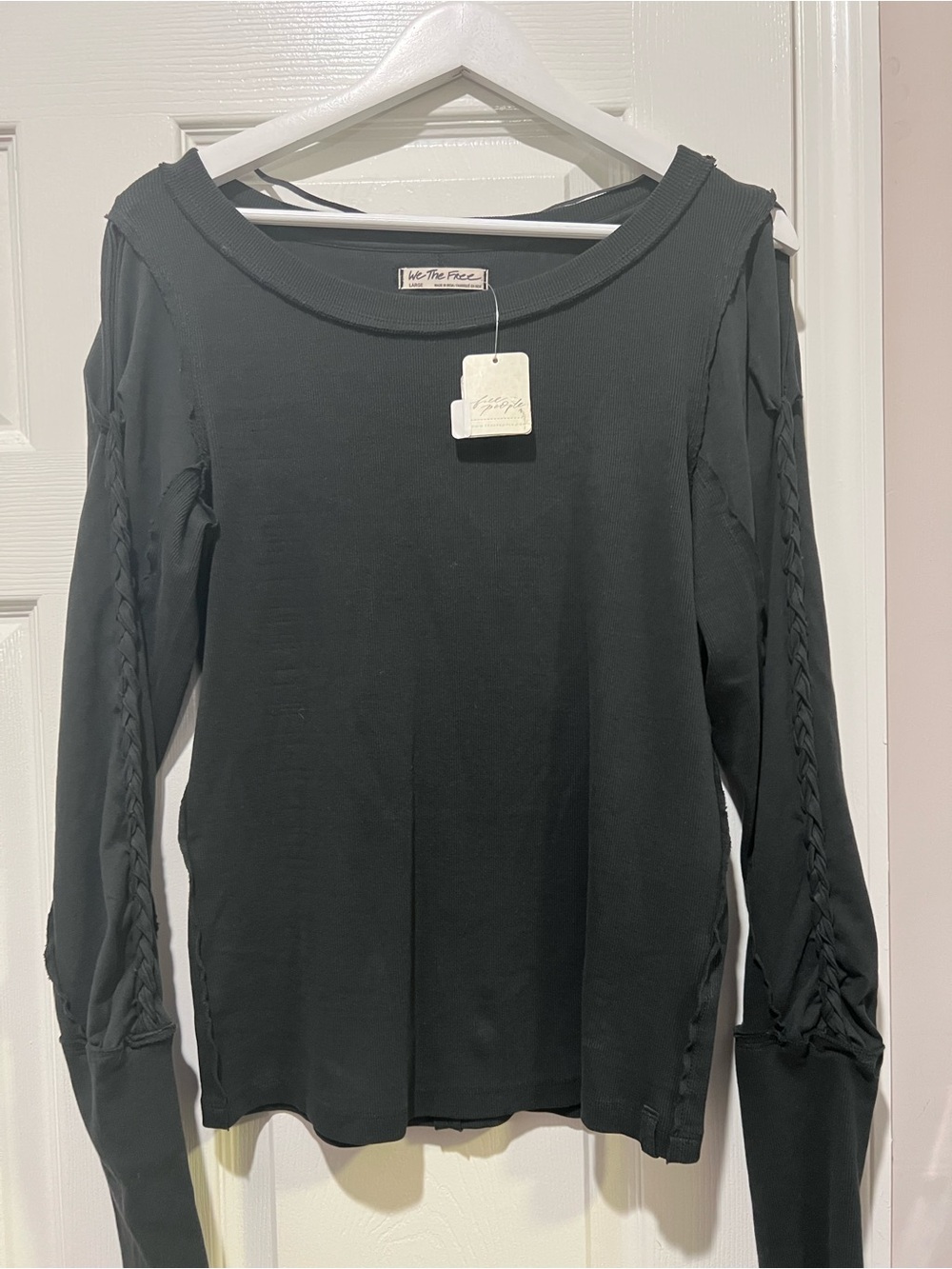We The Free Black Long Sleeve Top with Braided Sleeve Trim
